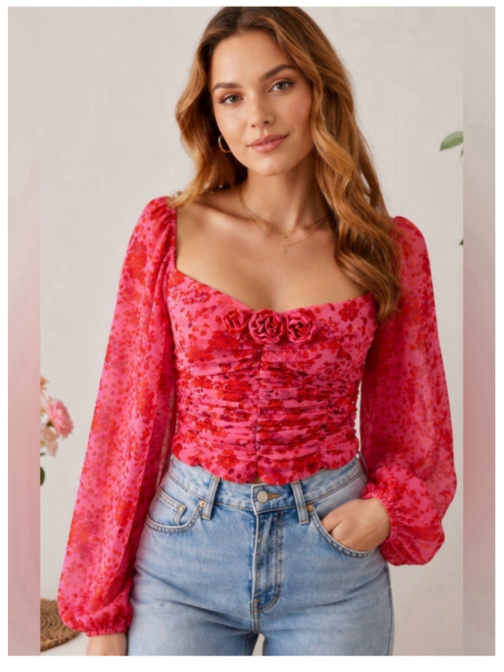 Women's Free People Oh Lala Floral Blouse XS Pink Red Long Sleeve Rose Detail